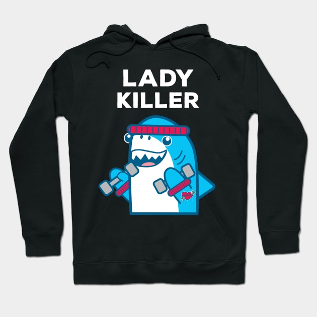 Funny Lady Killer Shark Weight Lifting BodyBuilder Hoodie by MedleyDesigns67